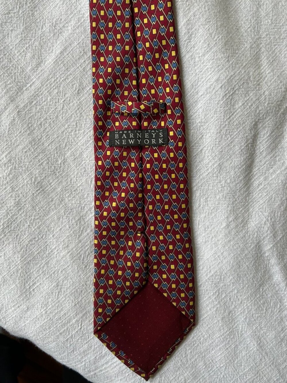 Barneys New York Silk Tie — Red Geometric Print, Made in Italy
